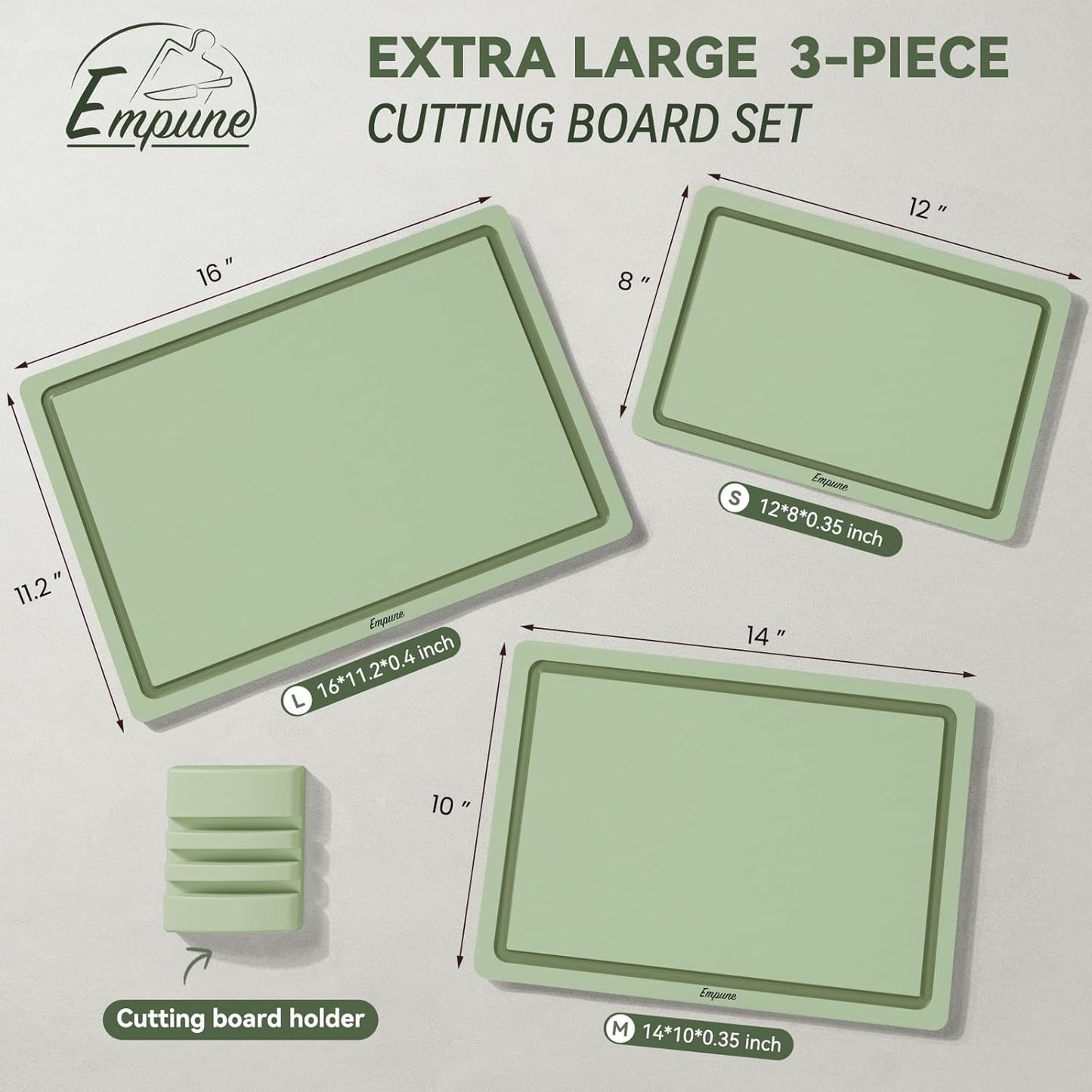 Empune Plastic Cutting Board Set, Recycled Plastic Cutting Boards for Kitchen (Set of 3), Dishwasher Safe Large Chopping Board with Holder, Non-slip Feet and Juice Grooves, Nonporous, Grey