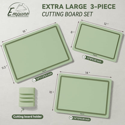 Empune Plastic Cutting Board Set, Recycled Plastic Cutting Boards for Kitchen (Set of 3), Dishwasher Safe Large Chopping Board with Holder, Non-slip Feet and Juice Grooves, Nonporous, Grey