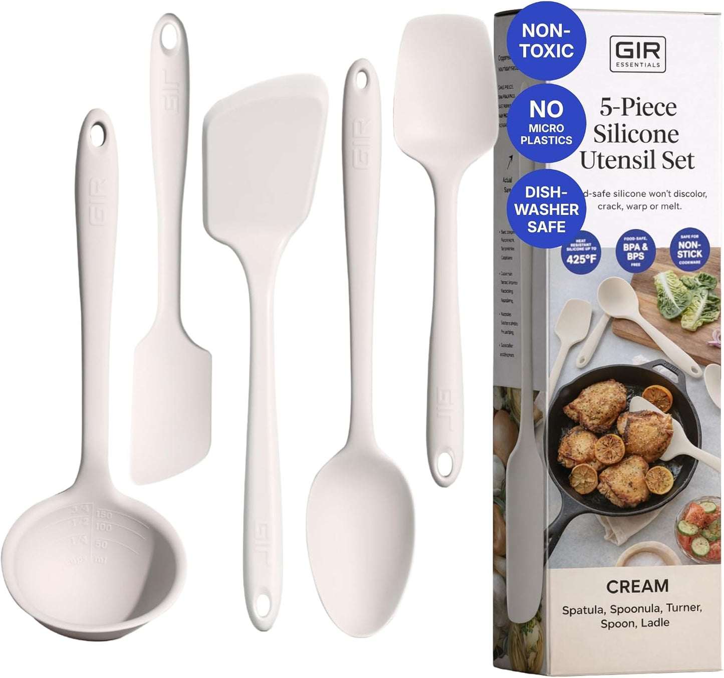 GIR 5-Piece Silicone Kitchen Utensils Set, Non-Toxic Cooking Utensils for Cooking and Baking, Heat Resistant, Food Grade, Dishwasher Safe Rubber Spatula, Ladle, Spoon - Charcoal