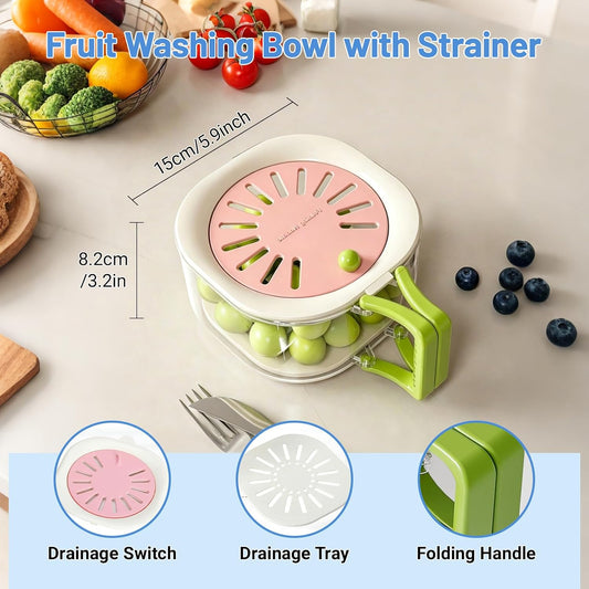 Berry Washing Bowl, Colander Strainer Fridge Organizer Storage Container with Switchable Lid, Fruit Veggie Wash Basket and Draining Bowl, Multifunctional Produce Washer for Kitchen Fridge