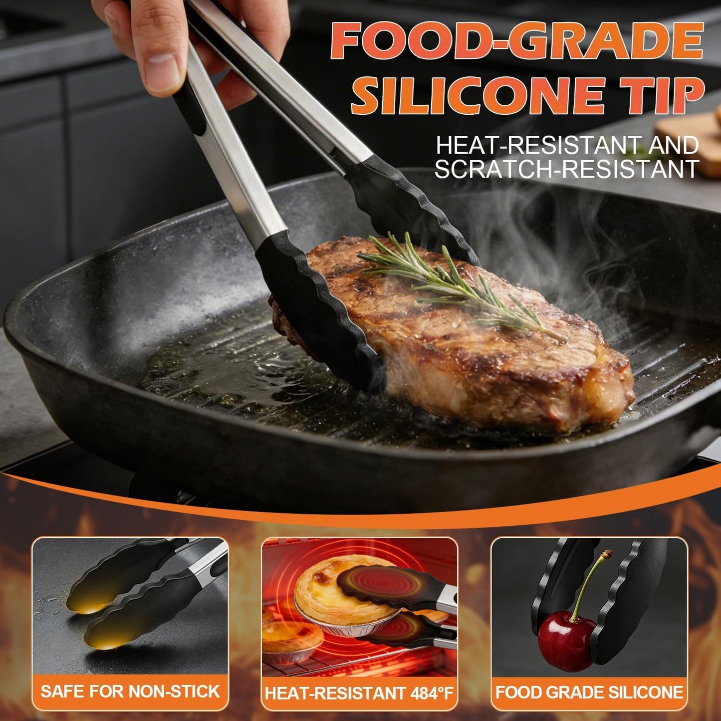 TACGEA Stainless Steel Kitchen Tongs with Silicone Tips, Locking Grilling Food Tongs, 7" 9" and 12", Set of 3 Black