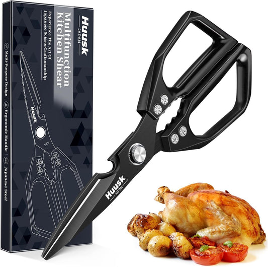 HUUSK Kitchen Scissors All Purpose - Stainless Steel Kitchen Shear, Sharp Silver Meat Scissors Dishwasher Safe, Heavy Duty Poultry Shears, Japanese Cooking Scissor for Food, Christmas Gifts for Women
