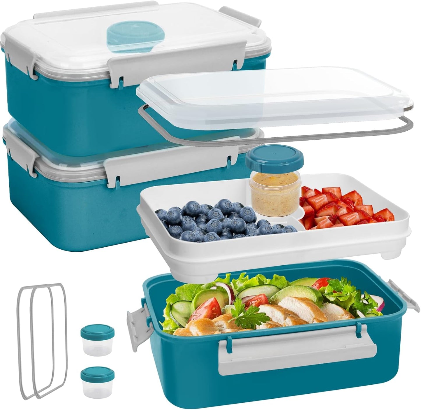 3 Pack Salad Lunch Box Food Storage Containers, 47oz Bento Box To Go Container with Lids, Reusable Meal Prep Containers with Removable Tray & Dressing Pots for Kids and Adults, Microwave Safe