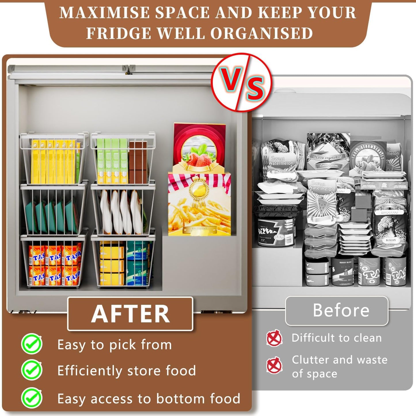 Freezer Organizer Bins, Upgrade Quick Expand/Collapse Feature, for 3.5 Cu.Ft Deep Freezer, 3 Pack Stackable Deep Freezer Organizer Bins, Black Wire Foldable Baskets with Handles (Black 3 Pack)