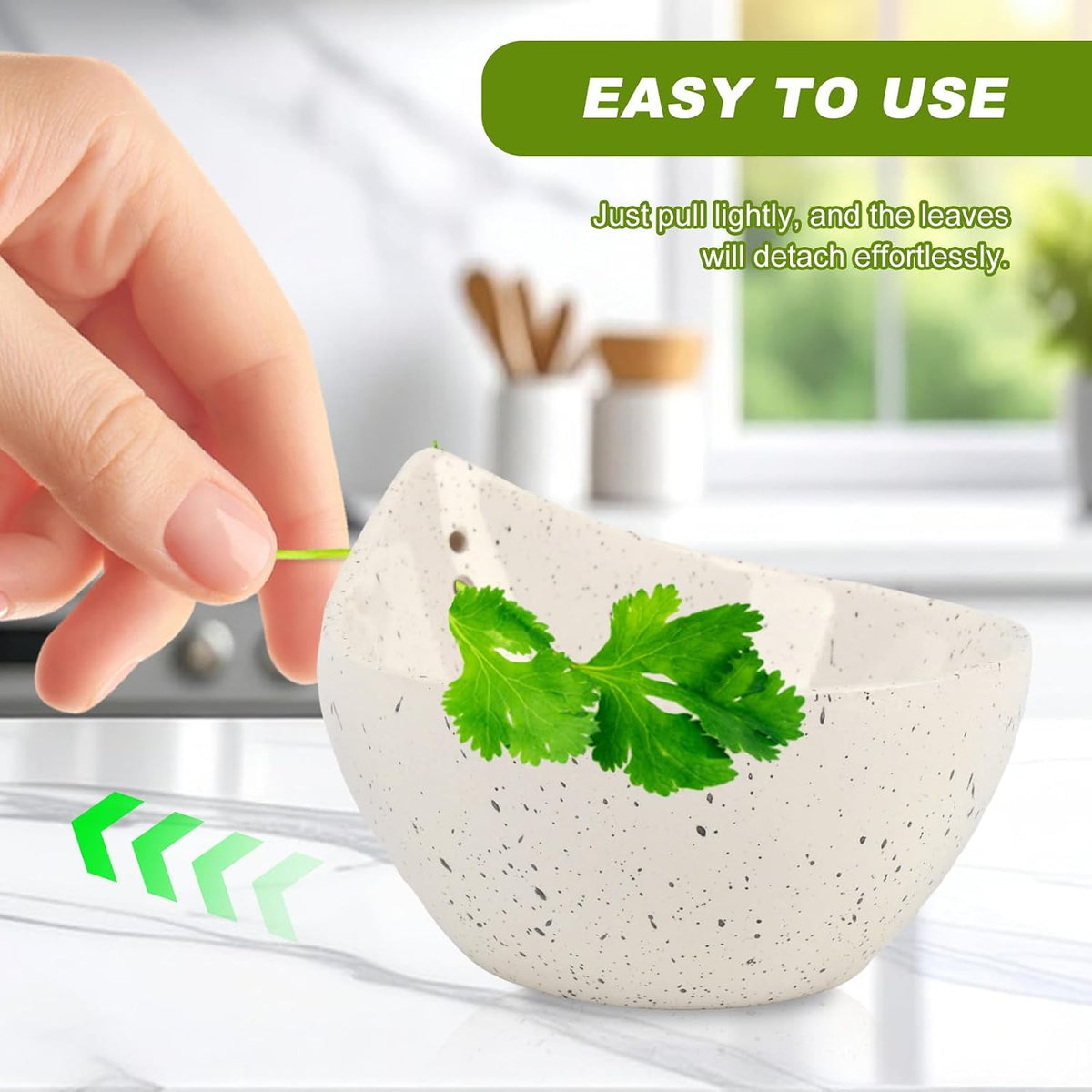 Herb Stripper Bowl, Resin Kitchen Herb Leaf Stripping Tool, 5‑Hole Speckled Bowl for Thyme, Basil, Rosemary, Parsley, Oregano, Cilantro, Kale, Collects Stripped Herb Leaves, Dishwasher Safe，White