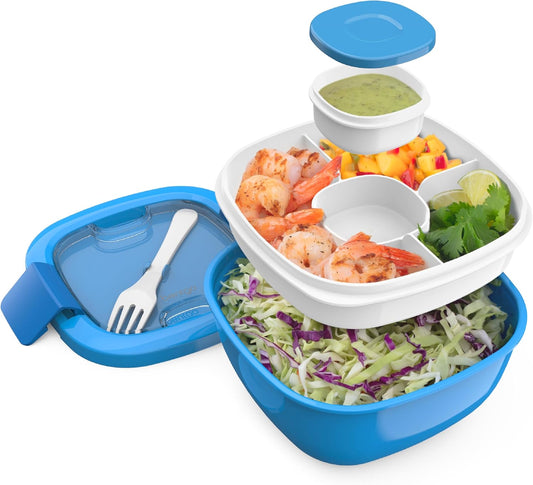 Bentgo Salad Container - 54 oz Bowl with 4-Compartment Toppings Tray, Leak-Proof Dressing Container, Reusable Fork, BPA-Free Lunch Box for Meal Prep & Food Storage; Removable Bento Tray (Khaki Green)