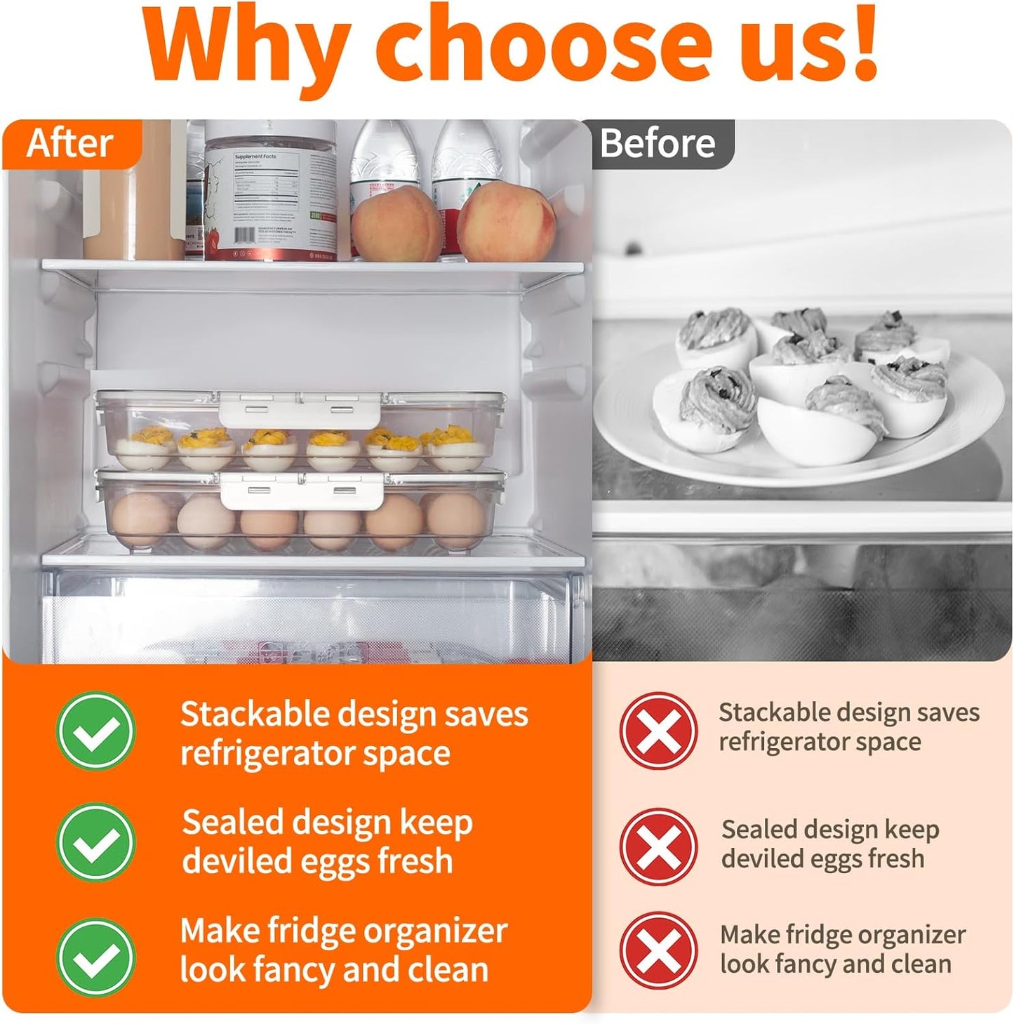 MesRosa 2 Pack Deviled Egg Containers with Lid and Handle, Durable Clear Plastic Deviled Egg Carrier Storage 48 Eggs, Stackable Egg Holder for Fridge, Portable Tray Platter for Party & Picnics-White