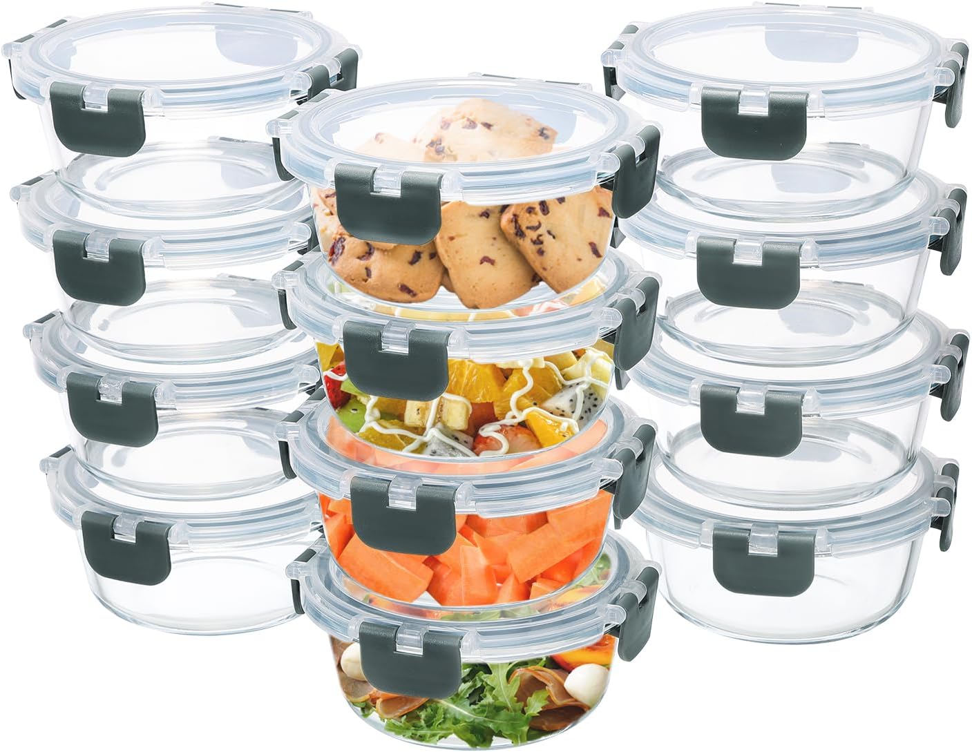 GULFLIN 12 Pack 22oz Glass Meal Prep Containers, Food Storage Containers with Lids, Air-Tight, Leak-Resistant, Freezer to Microwave Safe - Grey Set