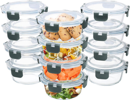 GULFLIN 12 Pack 22oz Glass Meal Prep Containers, Food Storage Containers with Lids, Air-Tight, Leak-Resistant, Freezer to Microwave Safe - Grey Set