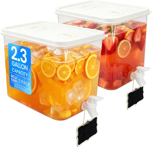 2 Pack 2.3 Gallon Drink Dispenser for Fridge with Spigot and Stand, Beverage Container Leak Proof Lids Filter Screen, Lemonade Dispenser for Party