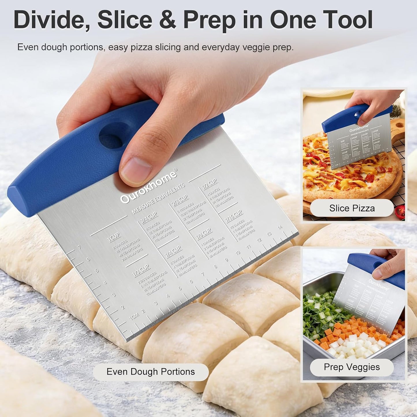 Ourokhome 2 Pack Bench Scraper Dough Cutter, Stainless Steel Dough Scraper with Laser-Etched Scale, Conversion Chart, Non-Slip Handle, Dishwasher Safe for Bread & Pastry, Black
