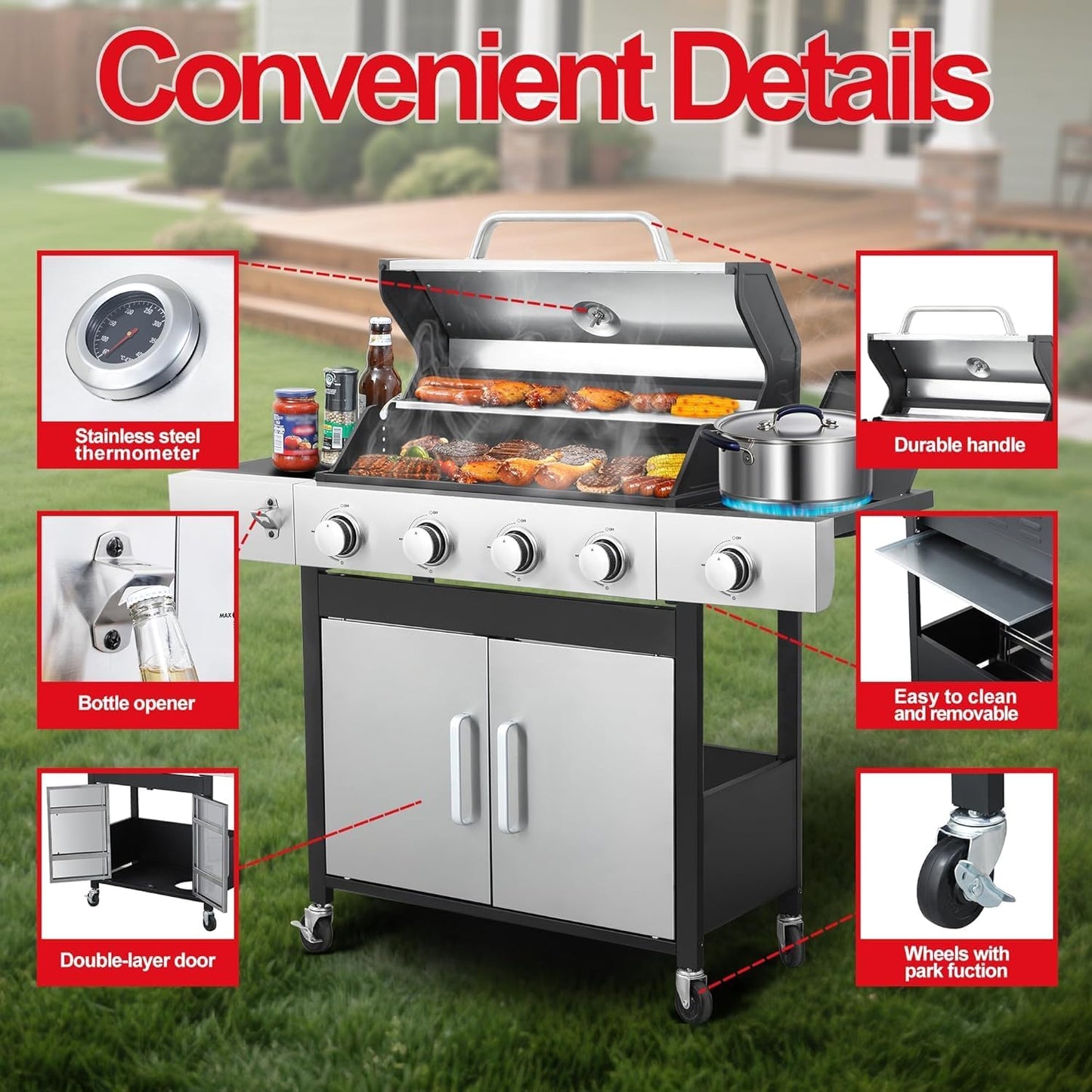 6-Burner BBQ Grill with Side Burner - 69,000 BTU Propane Gas Grill with Cast Iron Grate, Stainless Steel - 620 Sq. In. Cooking Area Cabinet Style Outdoor Grill for Barbecue & Backyard
