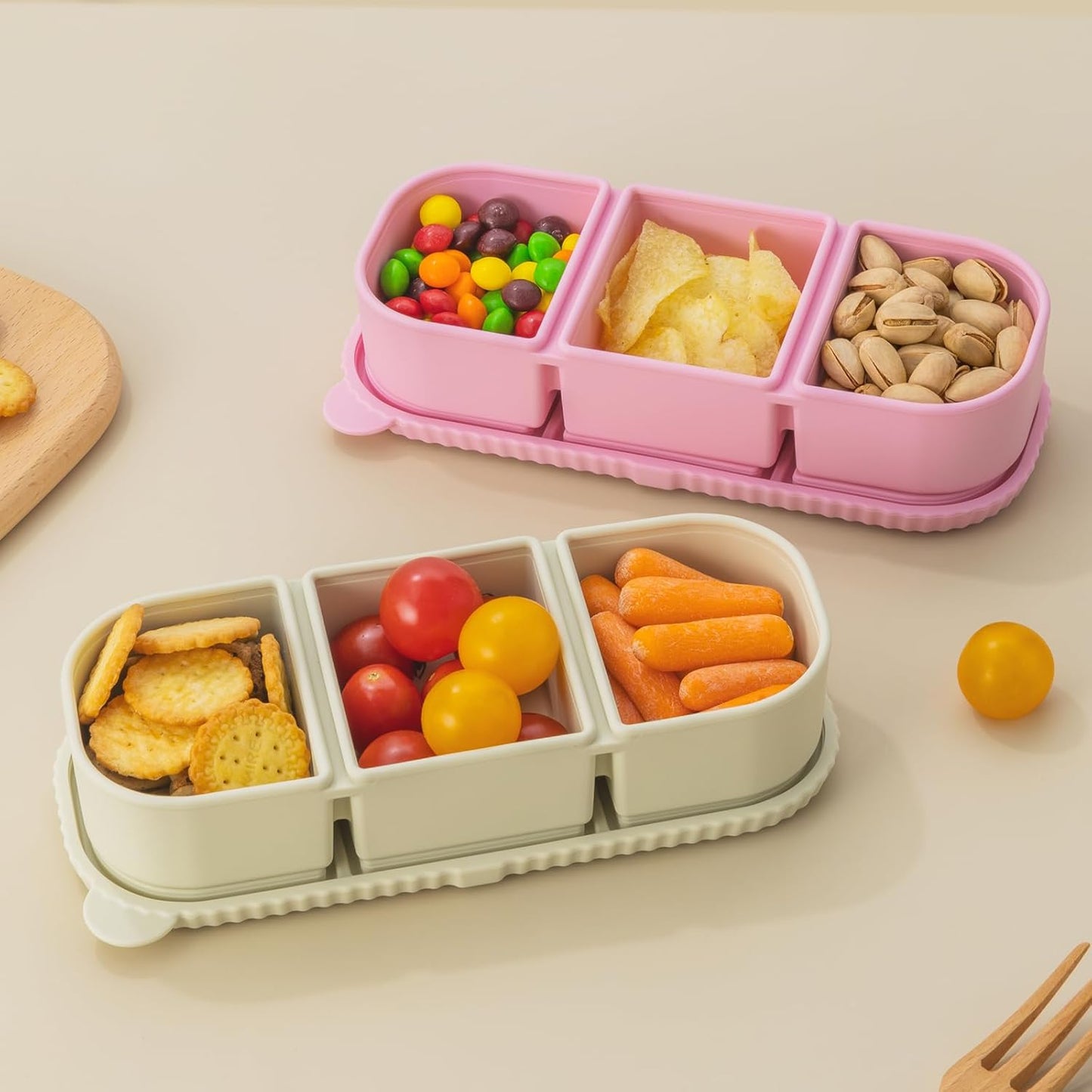 Silicone Reusable Snack Containers with Lids, 4 Pack 3 Compartment Bento Snack Boxes, Leakproof Food Storage Containers for Meal Prep, Lunch, Fruits, Kids & Adults, Dishwasher Safe