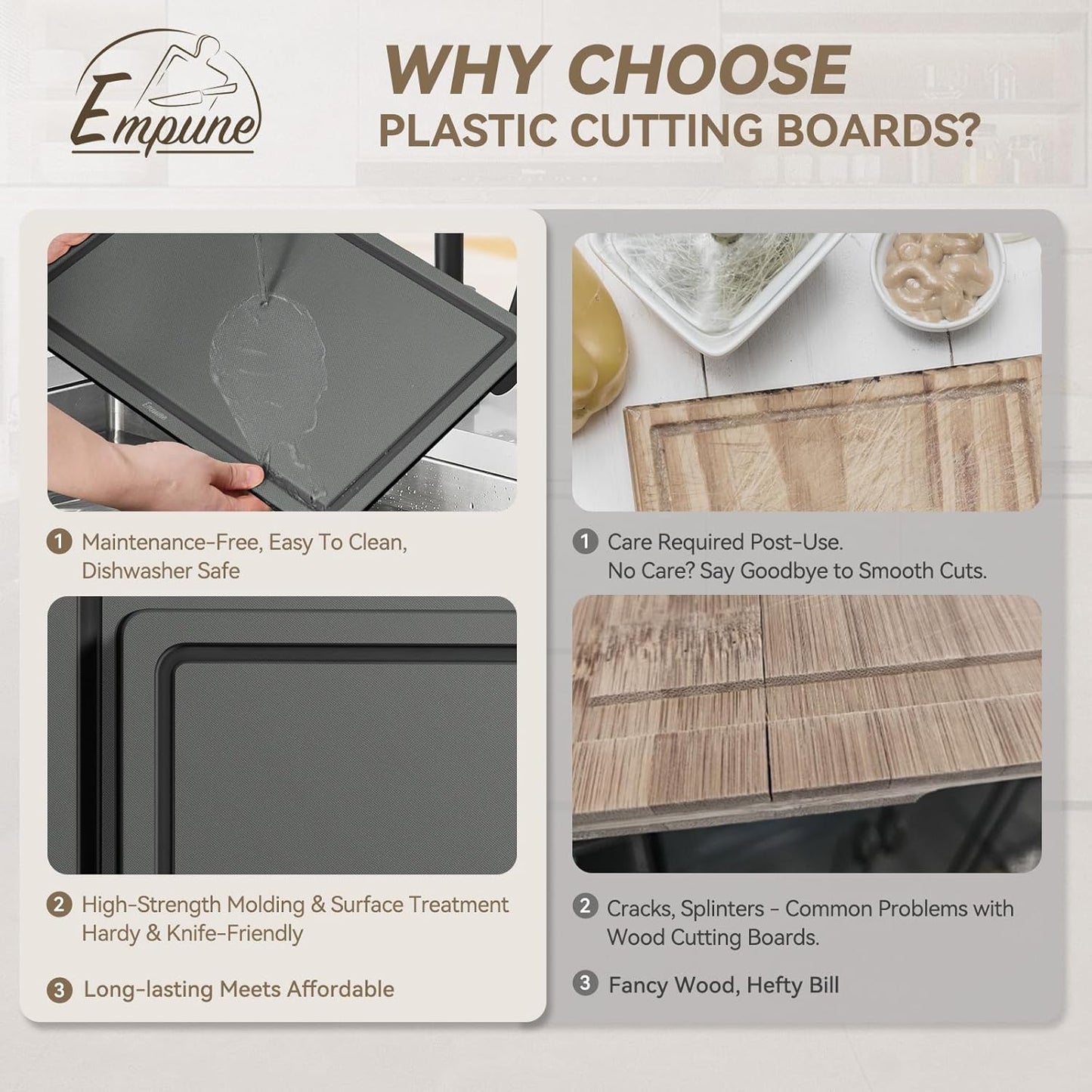 Empune Plastic Cutting Board Set, Recycled Plastic Cutting Boards for Kitchen (Set of 3), Dishwasher Safe Large Chopping Board with Holder, Non-slip Feet and Juice Grooves, Nonporous, Grey