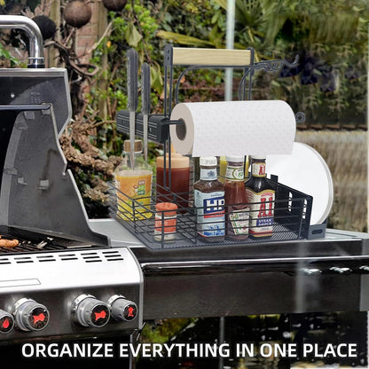 Grill Caddy,BBQ Condiment Organizer for Outdoor, Camping Tailgating Picnic Kitchen Storage Caddy Kitchen Organizer for Camper Magnetic Tool Holder with Paper Towel Holder with Handle Portable