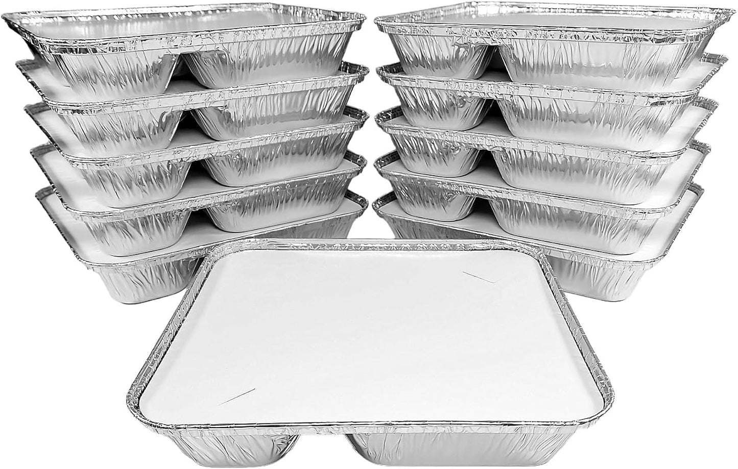 PACTOGO Large 3-Compartment Oblong Aluminum Foil Take-Out Pan Senior Feeding TV Dinner Entrée Tray w/Board Lid (Pack of 10 Sets)
