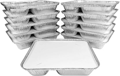 PACTOGO Large 3-Compartment Oblong Aluminum Foil Take-Out Pan Senior Feeding TV Dinner Entrée Tray w/Board Lid (Pack of 10 Sets)