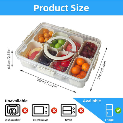 Snackle Box Container 8-Section,Clear Divided Tray w/Secure Lid & Handle,Perfect Organizer for Fruits, Veggies, Candy & Charcuterie,Dishwasher Safe,Ideal for Travel, Parties & Picnics!(1)