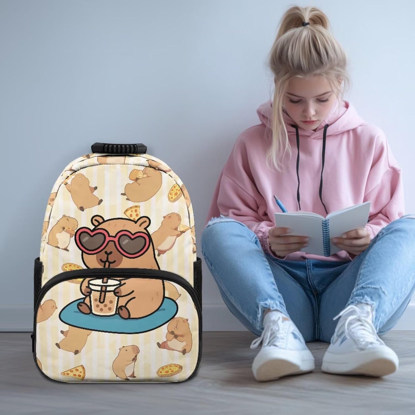 Cute Capybara Pizza Backpack for Girls, 5 Pcs Boys School Bag Set for Kids, 17 Inch Backpacks Lunch Pencil Box Reusable Utensils Case Set for Middle Elementary School, 3rd Grade Backpack