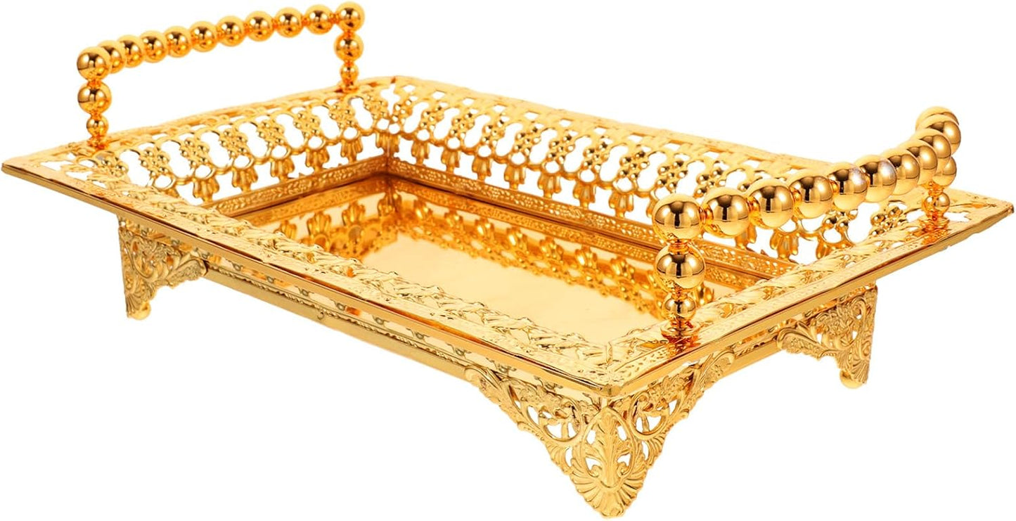 COLLBATH Nordic Style Fruit Plate with Handle 2Pc Metal Snack Serving Tray for Dried Fruits and Appetizers Elegant Gold Platter for Kitchen and Entertaining