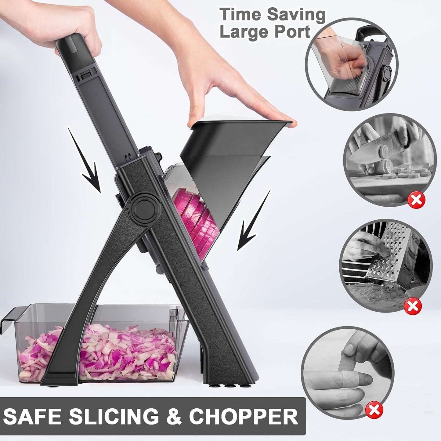 8 in 1 Mandoline Slicer for Kitchen, Vegetable Chopper, Potato Slicer, Fry Cutter Onion Chopper with Drain Basket Food Container with Lid, Stainless Steel Cheese Grater for Quick Meal Pre (Black)
