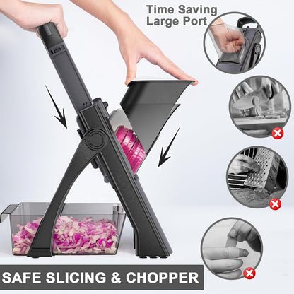 8 in 1 Mandoline Slicer for Kitchen, Vegetable Chopper, Potato Slicer, Fry Cutter Onion Chopper with Drain Basket Food Container with Lid, Stainless Steel Cheese Grater for Quick Meal Pre (Black)