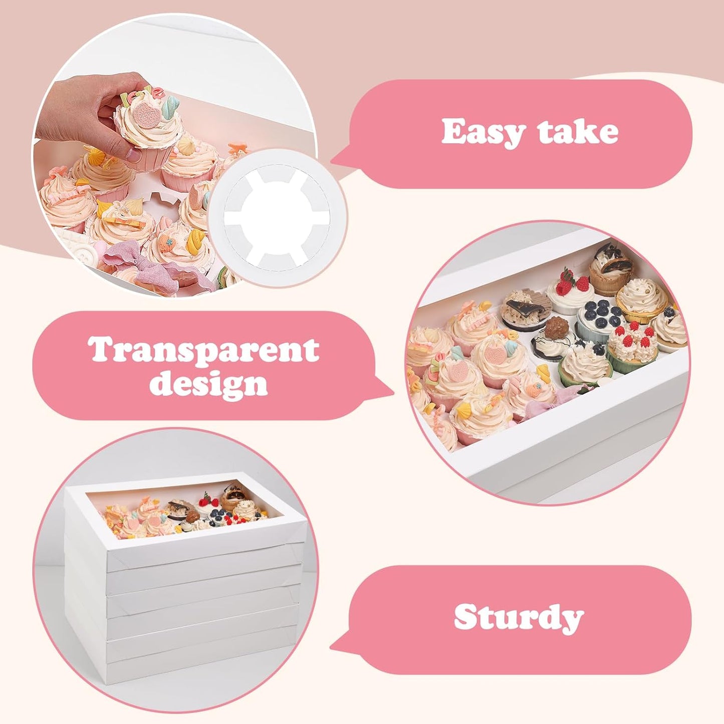 TOMNK 6 Count White Cupcake Boxes with Window - 36 Total Capacity Cupcake Carrier Sets for Birthday Holiday Party Bakery Supplies