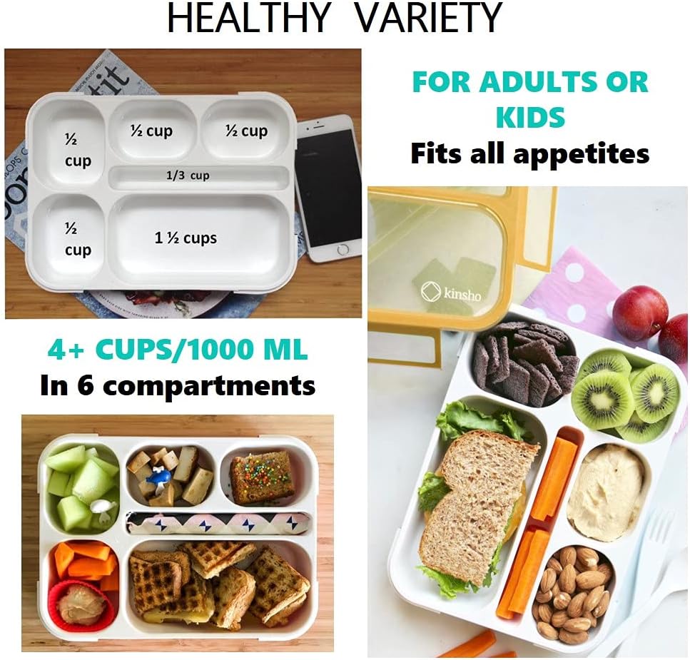 kinsho Bento Lunch-Box Set for Kids includes Snack Container | 6 and 3 Compartment Boxes Leakproof School Bentos, Meal Portion Control Containers, Boys Girls Adults, Navy Blue Large + MINI 2 Pack Set