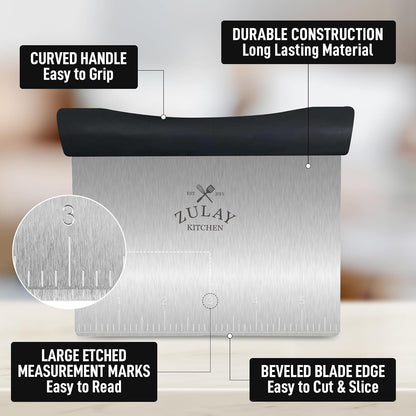 Zulay Premium Multi-purpose Stainless Steel Bench Scraper & Chopper, Easy to Read Etched Markings for Perfect Cuts, Quick & Easy Multi-use Dough Scraper, Dough Cutter & Pastry Scraper (Black)