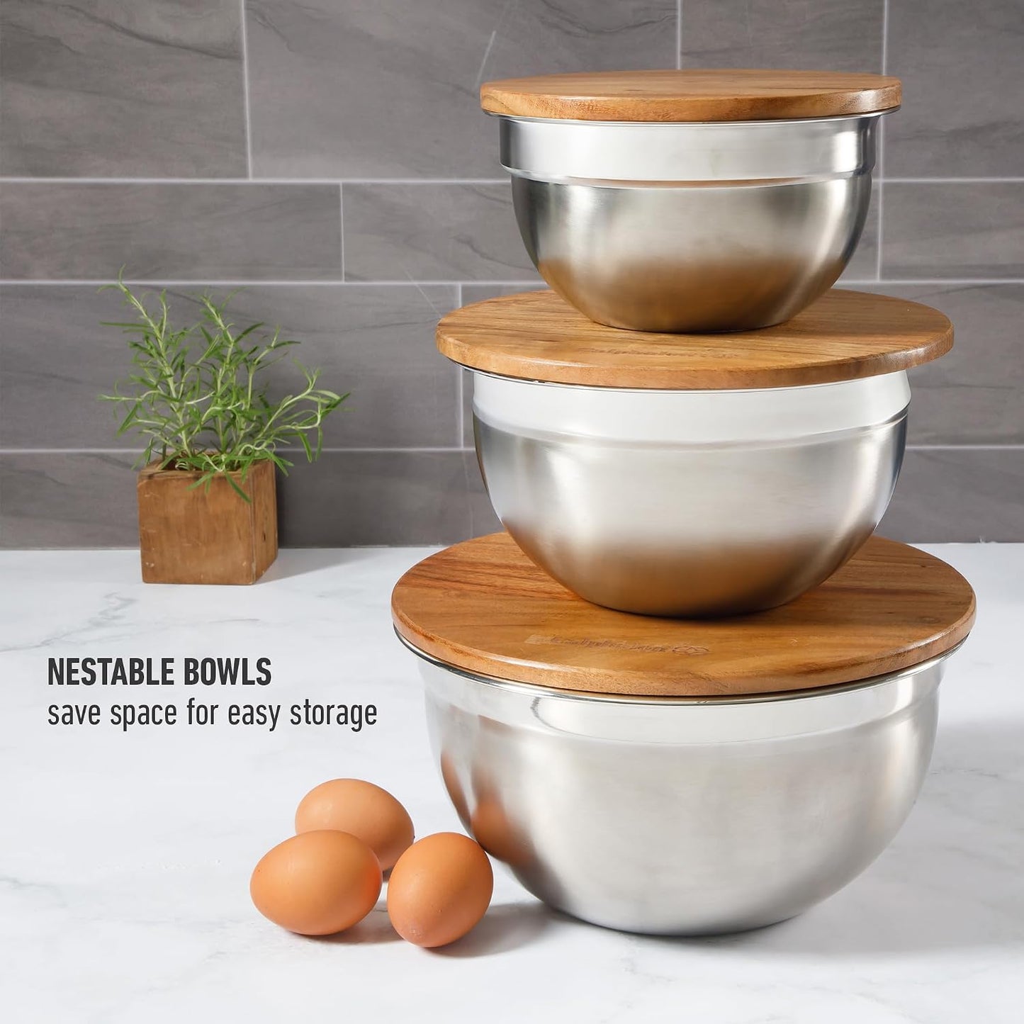 Calphalon Mixing Bowl Set, Stainless Steel Mixing Bowls With Lids, 3-Piece Stainless Steel Mixing Bowls with Glass Lids & Non-Slip Silicone Base, Prep and Storage Bowls Dishwasher Safe