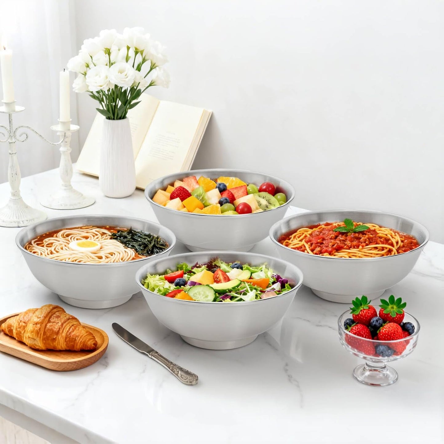 Youeon 2 Pcs 50 Oz Brushed SUS304 Stainless Steel Bowls, Double Wall Insulated Bowls, Large Stainless Steel Soup Bowl for Pasta, Salad, Ramen, 8 Inch Bowl Set for Serving, Dishwasher Safe