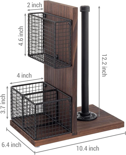 MyGift Rustic Burnt Solid Wood and Industrial Matte Black Metal Dining Combination Caddy with Paper Towel Roll Dispenser Stand, Napkin Holder, and Spice Rack