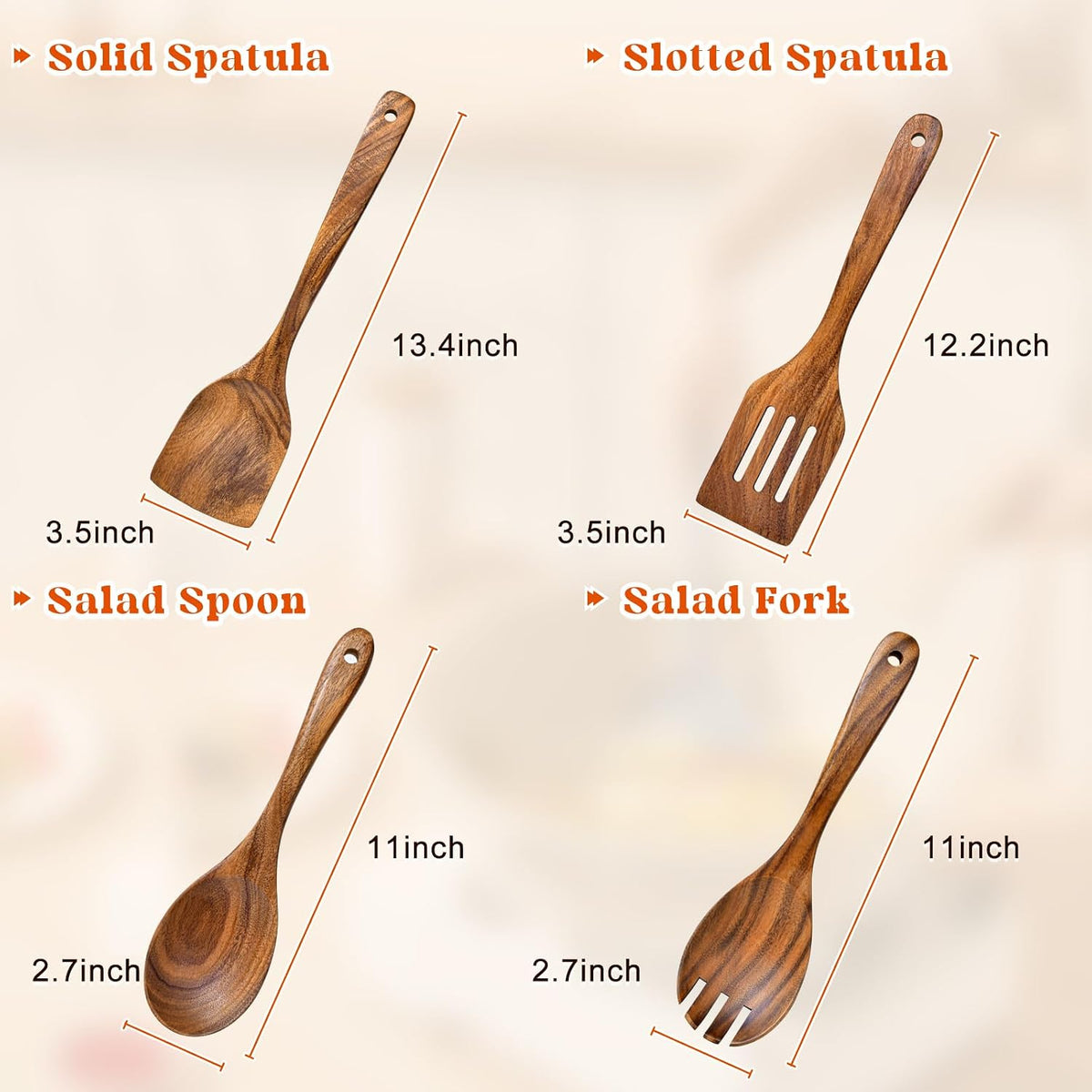 Wooden Spatula, Acacia Solid & Slotted Turner Spatula Set, Long Handle Flat Frying Spatulas, Ideal Kitchen Gift for Mother and Grandma, Kitchen Utensils Set for Cooking, Frying, Baking