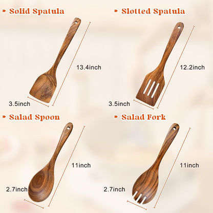 Wooden Spatula, Acacia Solid & Slotted Turner Spatula Set, Long Handle Flat Frying Spatulas, Ideal Kitchen Gift for Mother and Grandma, Kitchen Utensils Set for Cooking, Frying, Baking