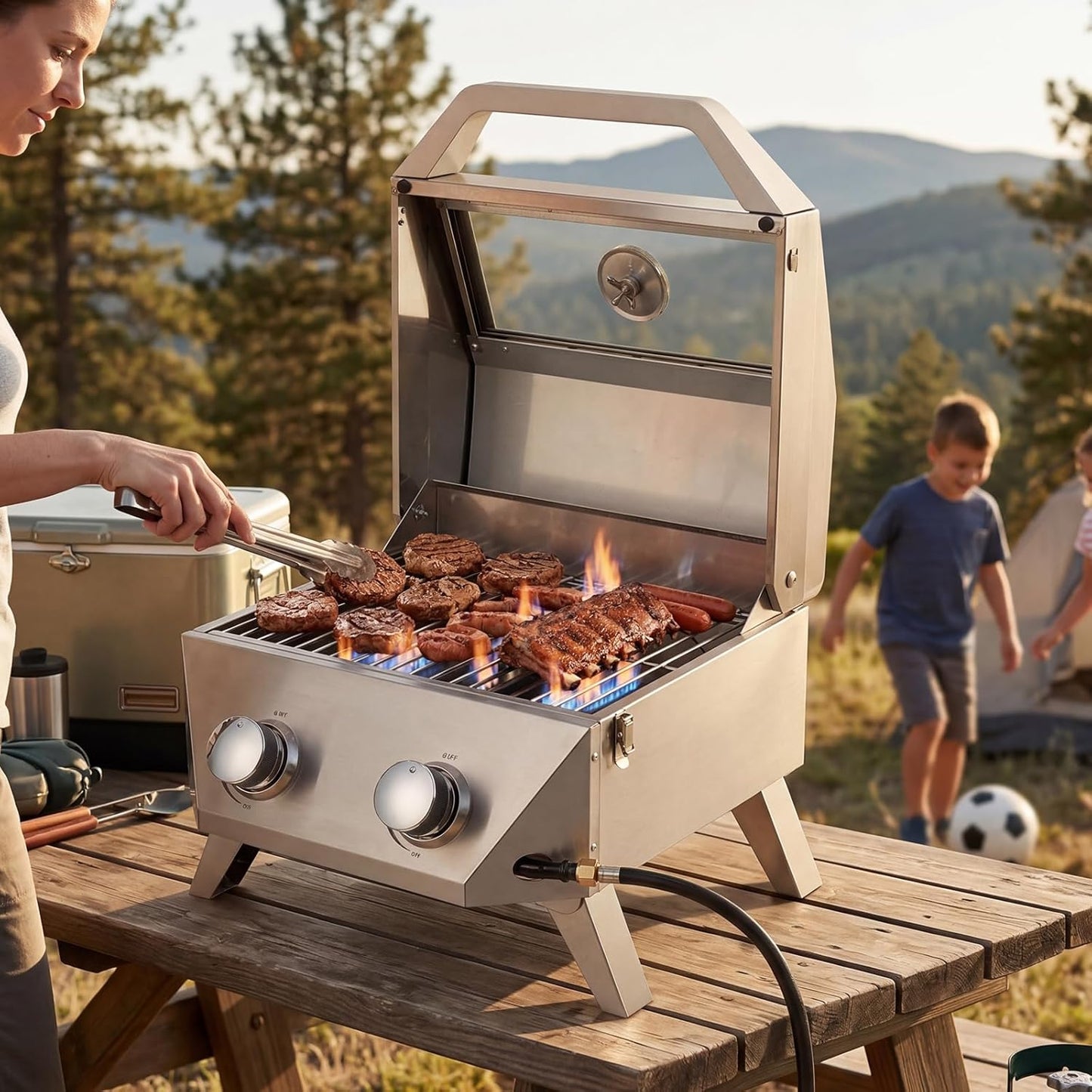 BESTFIRE 2-Burner Tabletop Propane Grill with Foldable Grill Cart, Portable Gas BBQ Station with Wheels & Prep Table, Dual-Fuel Setup for 1lb & 20lb Tanks, Stainless Steel Outdoor Kitchen for Camping