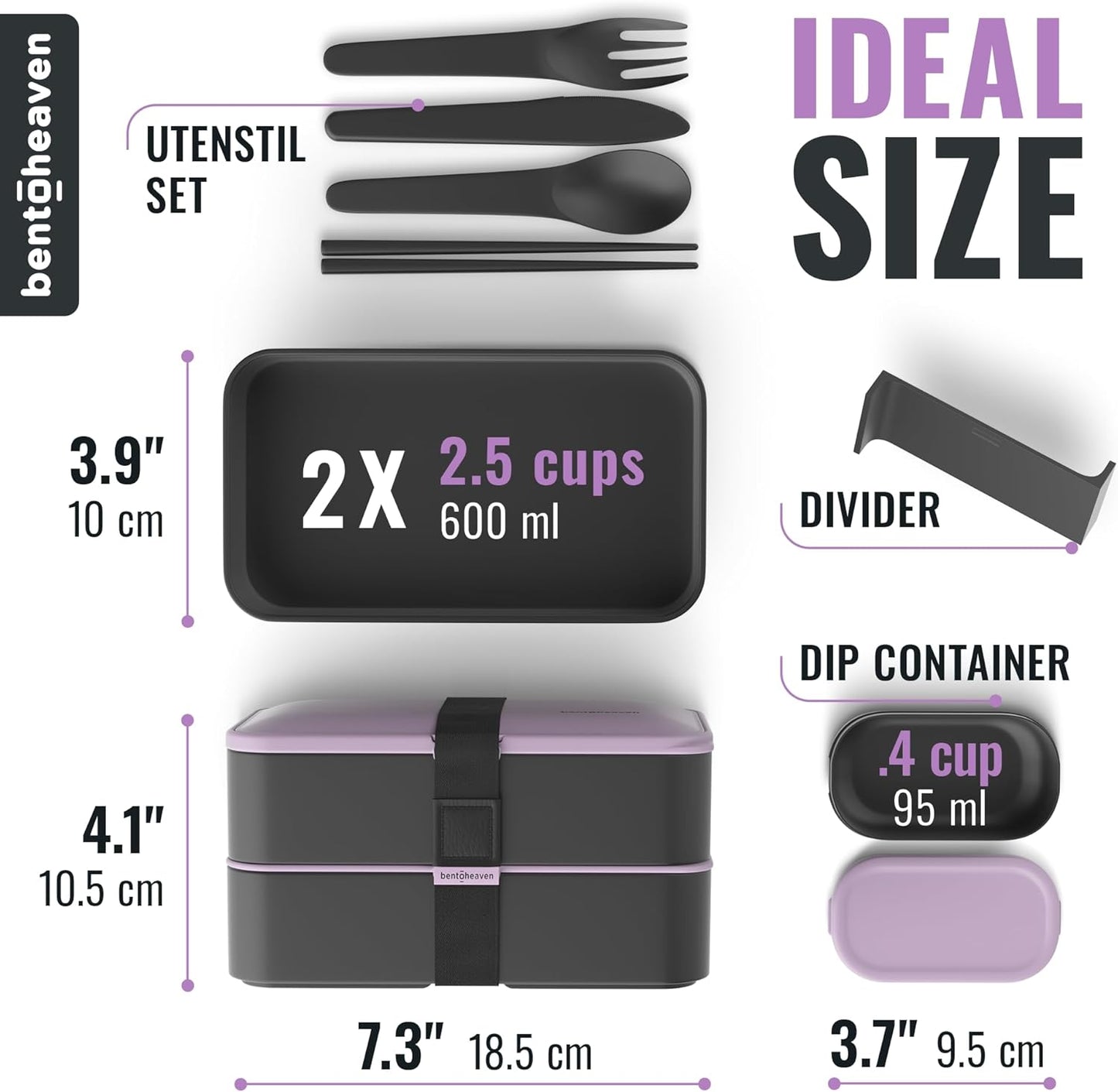 Bentoheaven Premium Bento Box Adult Lunch Box with Compartments for Women & Men, Set of Utensil & Chopsticks & Dip Container, Cute Japanese Kids Bento Lunch Box, Microwavable (Symph Onyx)