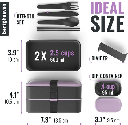Bentoheaven Premium Bento Box Adult Lunch Box with Compartments for Women & Men, Set of Utensil & Chopsticks & Dip Container, Cute Japanese Kids Bento Lunch Box, Microwavable (Symph Onyx)