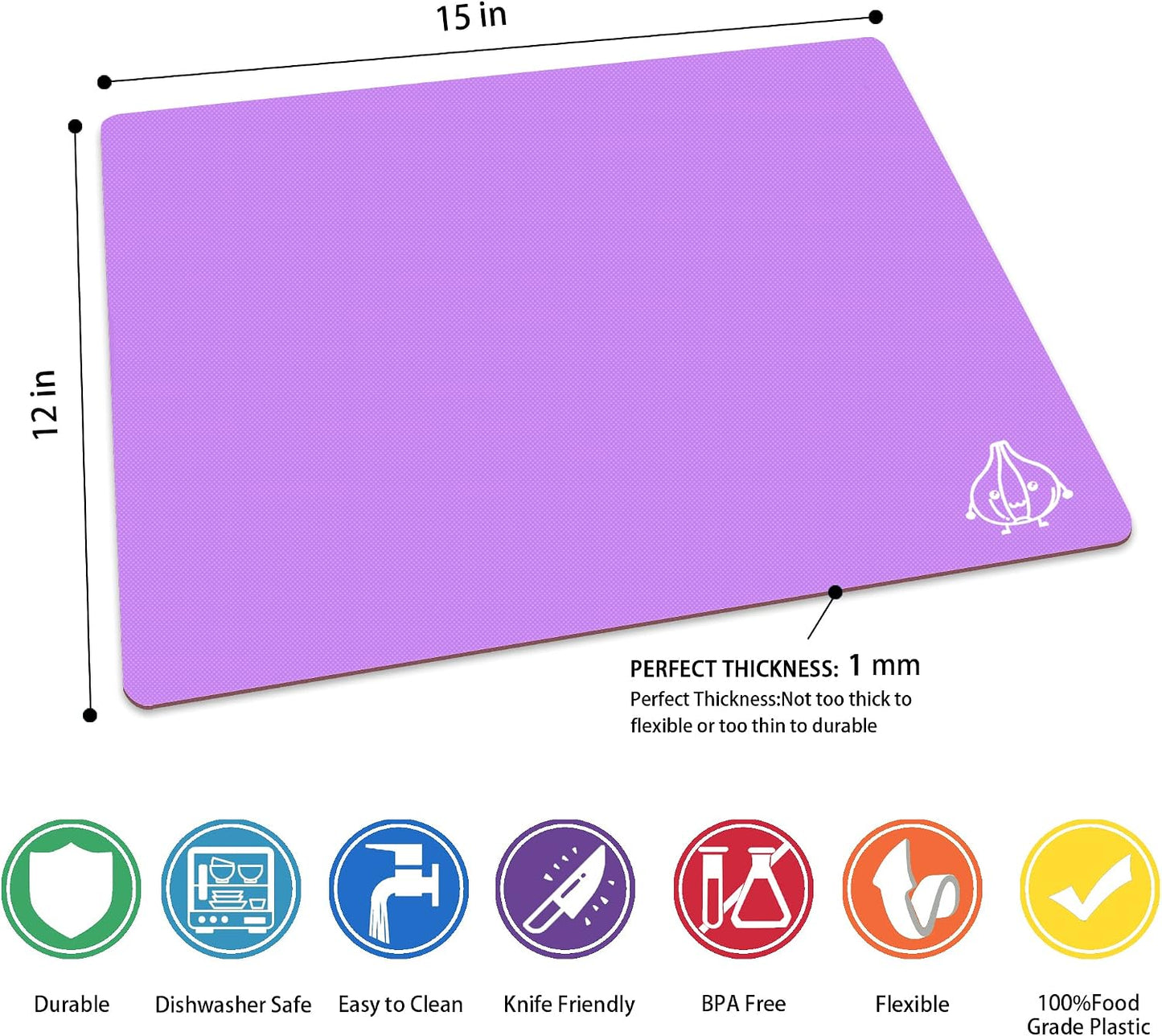 ZVP Plastic Cutting Boards for Kitchen, Flexible Cutting Mats, Colorful Chopping Boards with Food Icon, Non-Slip, Non Porous, BPA Free, Dishwasher Safe Rainbow