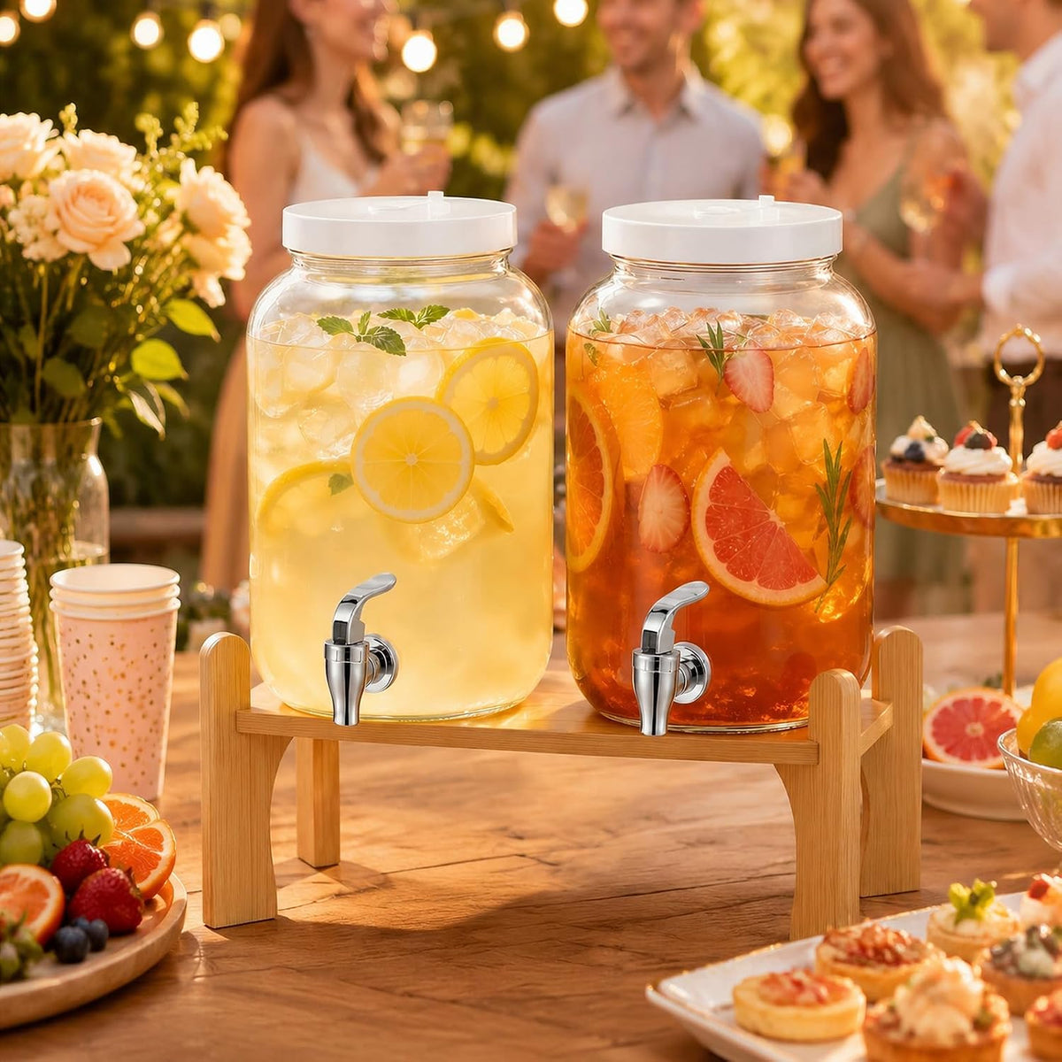 1 Gallon Large Glass Drink Dispensers with Stand for Parties, Glass Iced Beverage Dispensers with Spigot, Reusable Water Dispenser Countertop (2 Pack)