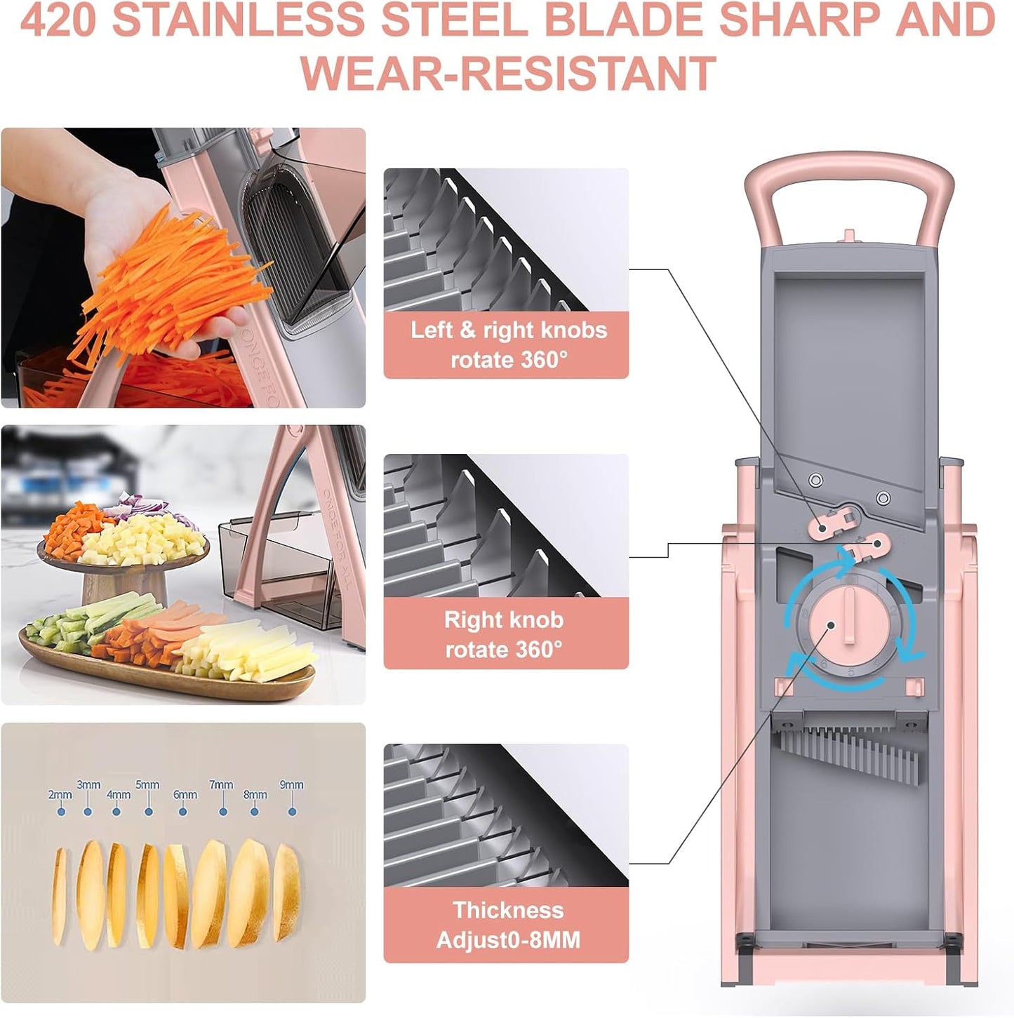 [All in 1] Upgraded Version Safe Mandoline Slicer for Kitchen, Adjustable Thickness. Veggie Slicer, Rapid Prep Mandoline, Detachable Blade, Cleaning Brush/Paring Knife (Black Knight)