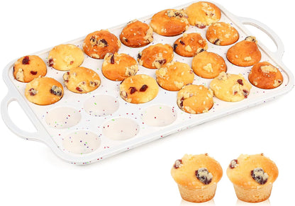 Regular 12 Cup and Mini 24 Cup Nonstick Cupcake Pan Set Silicone Muffin Pan for Baking Silicone Cupcake Mold with Metal Reinforced Frame BPA Free (2 Pcs, Cream)