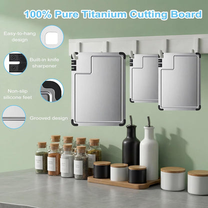 3-Piece Titanium Cutting Board Set with Dual-Stage Knife Sharpener,Double Sided Food-Grade Chopping Board,Non-Slip Feet,Deep Juice Groove,Heavy Duty,Hygienic & Dishwasher Safe Kitchen Chopping Boards