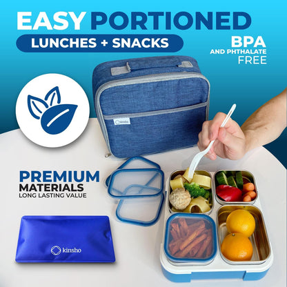 Stainless Steel Bento Lunch Box Set For Adults, Kids - Insulated Bag And Ice Pack - Leak-Proof Metal Compartment Meal Prep Food & Snack Containers For Work Travel School Daycare, 42 Oz Grey Black