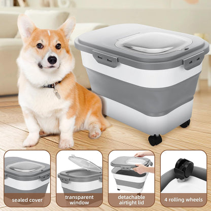 Dog Food Container, Collapsible Pet Food Storage Container 17-20 lb with Rolling Wheels & Airtight Lid, Plastic Storage Bin With Dog Food Scoop and Measuaring Cups