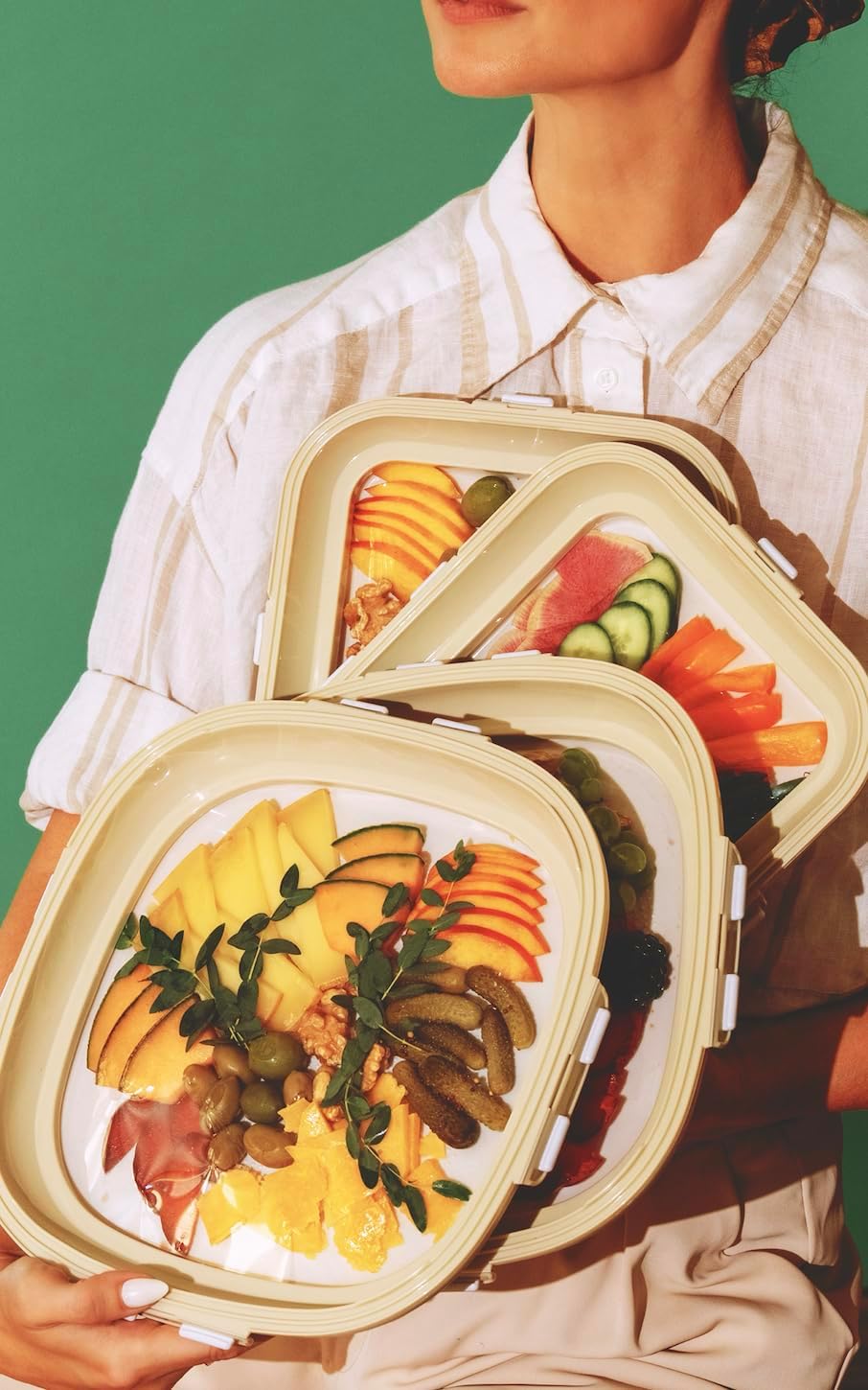 Crudités | Portable Snack Tray | Rectangle 2-Pack | Cream White | Reversible Stretch Lid Food Containers | BPA-Free, Freezer & Dishwasher Safe | Meal-Prep, Charcuterie, Salads, Picnic, Travel
