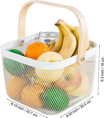 AJIODA Metal Mesh Wire Basket, Large Steel Basket with Wooden Handle Storage Organizer Basket Multi-functional Hanging Kitchen Baskets Fruit Baskets for Kitchen Bathroom Cabinet Pantry Snacks, Black