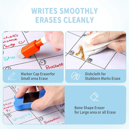 Hivillexun Black Magnetic Dry Erase Calendar for Fridge - 3 Pack Monthly, Weekly & Daily Planner Set (14"x11"), Includes 8 Neon Ultra-Fine Tip Markers & Large Eraser, Reusable Whiteboard for Kitchen