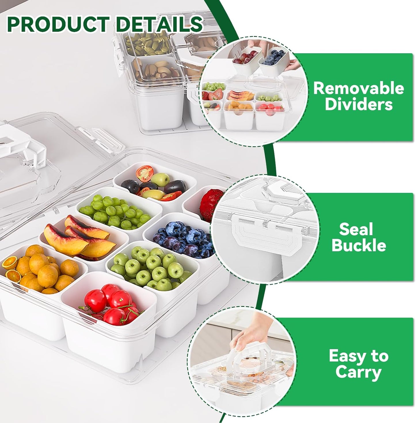 REBECAT Divided Serving Tray with Lid and Handles 9 Compartments Snack Box Container Charcuterie Organizer Snackle Box Container for Candy,Nuts，Fruits,Snacks,2 Pack,Beige