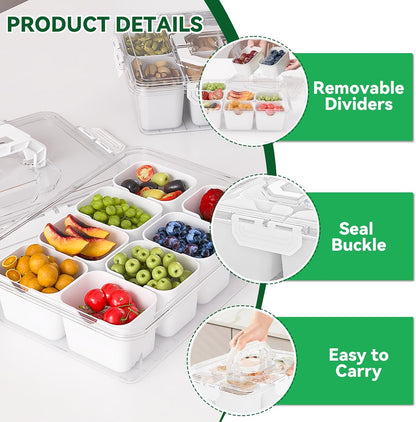 REBECAT Divided Serving Tray with Lid and Handles 9 Compartments Snack Box Container Charcuterie Organizer Snackle Box Container for Candy,Nuts，Fruits,Snacks,2 Pack,Beige