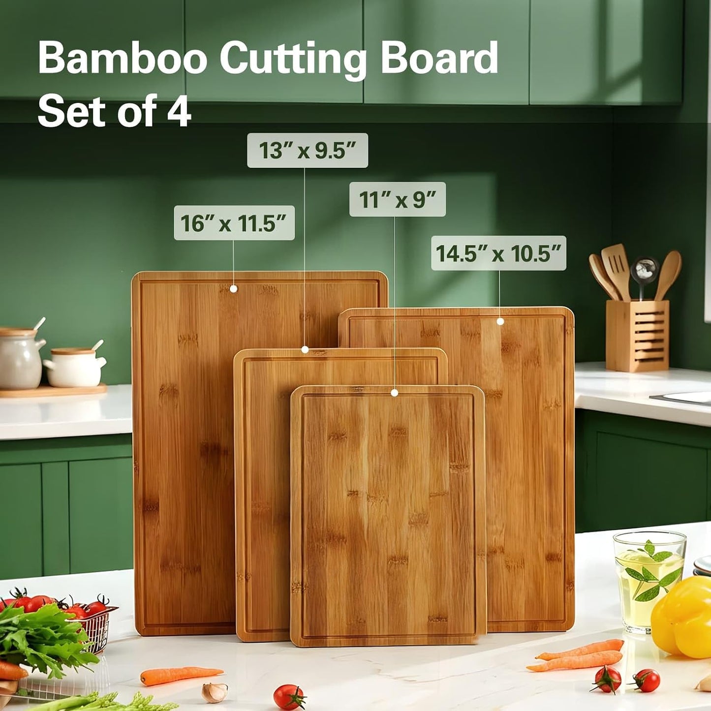 Zarler Bamboo Cutting Boards for Kitchen, 3 Piece Durable Wood Cutting Board with Juice Grooves and Handles, Wooden Chopping Board Set for Meal Prep, XL Size, Ideal Kitchen Gift